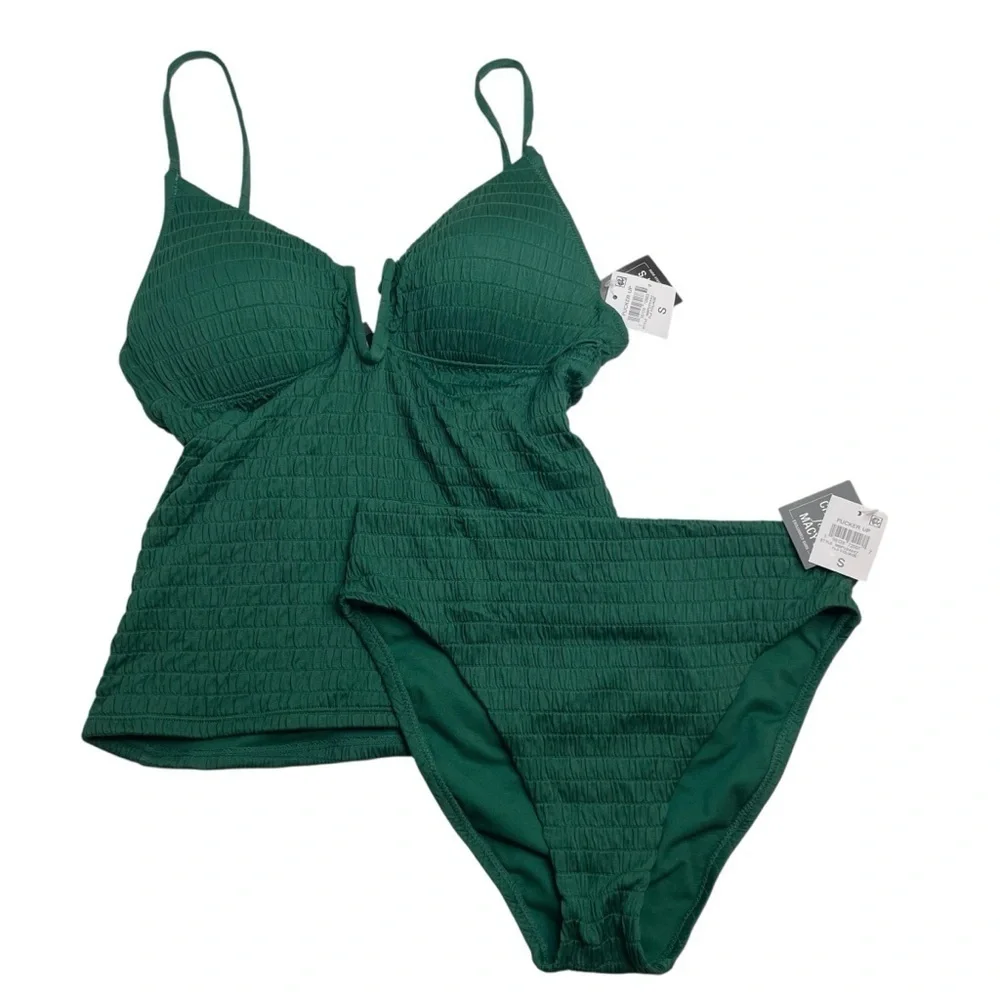 Bar III Pucker Up Textured Tankini Top & Bikini Bottoms Fiji Foliage Green S New